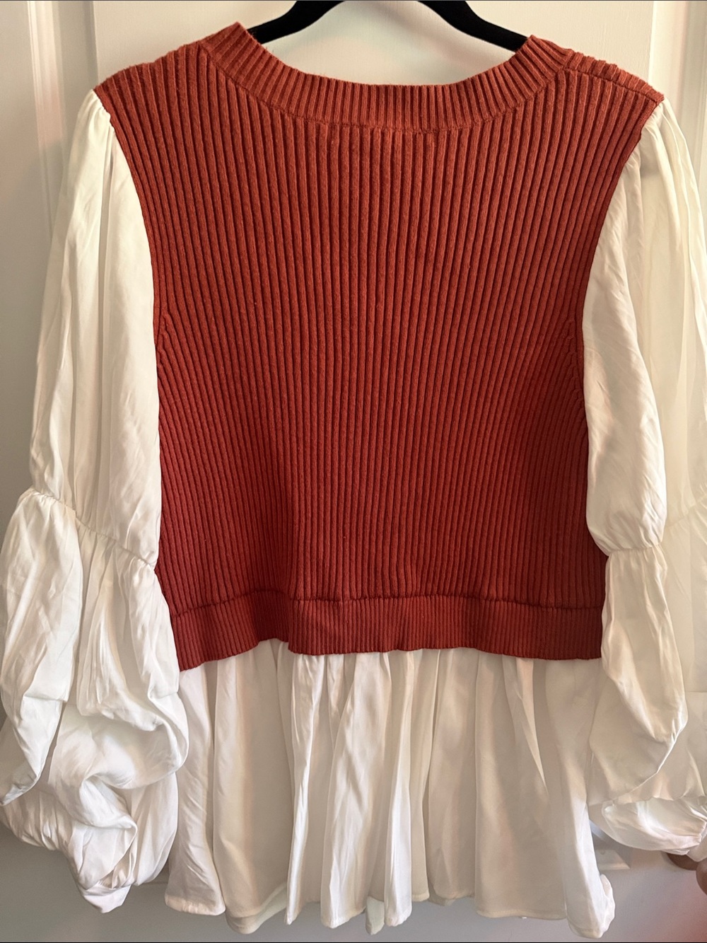 English Factory Rust Ribbed Sweater Top with White Ruffled Sleeves - Picture 7 of 15